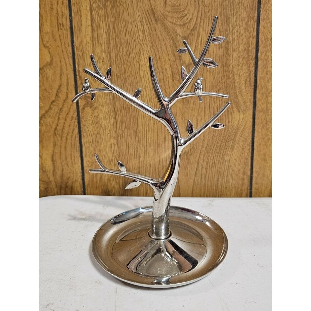 Jewelry Display Tree Non Tarnish Silver Toned w Birds and Round Shallow Dish